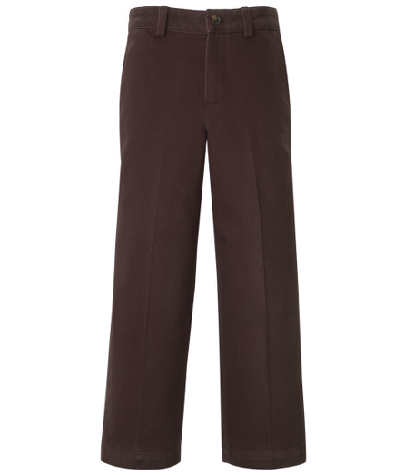Plain-front cotton twill trousers. Finished hem. Adjustable elastic waistband and hidden snap-button front on sizes 4-6. Welt back pockets. On-seam front pockets. Machine wash. Imported.