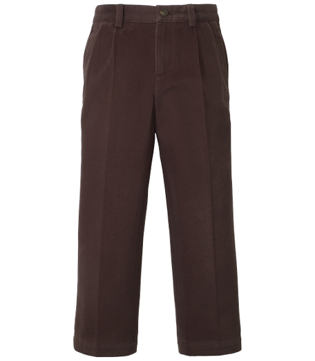 Pleat-front cotton twill trousers. Finished hem. Adjustable elastic waistband and hidden snap-button front on sizes 4-6. Welt back pockets. On-seam front pockets. Machine wash. Imported.