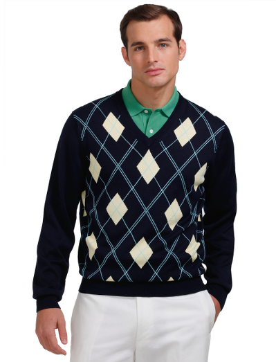 The perfect sweater for spring in a cotton and silk blend. Updated argyle pattern. Lightweight and fully fashioned for a perfect fit. Dry clean. Imported.