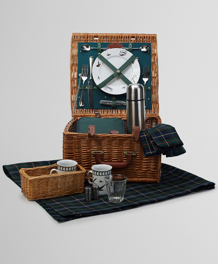 Willow basket 15 3/4"x15 1/2"x8 1/2".  Basket includes, 2 porcelain plates and mugs, 2 beverage glasses miniature salt and pepper shakers, food cooler, 47"x47" tartan table cloth, 13" stainless coffee thermos, 2 16"x16" tartan cloth napkins, stainless steel cutlery and corkscrew.  Made in England.