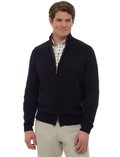 Extrafine Italian merino.  Full zip cardigan body. Two-way zipper with genuine leather pull. Fully fashioned. Dry clean. Imported.