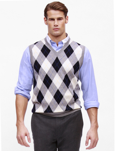 Extrafine Italian merino.  Classic v-neck vest body with an argyle pattern. Fully fashioned. Dry clean. Imported.