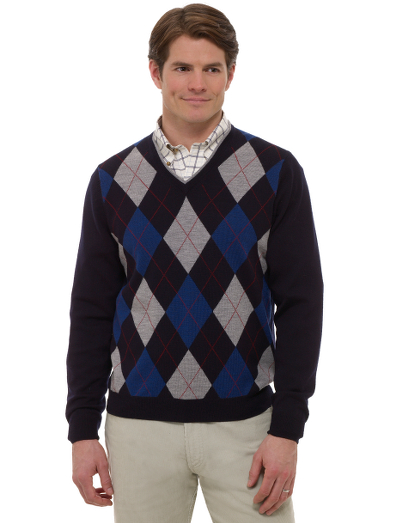 Extrafine Italian merino.  Classic v-neck body with an argyle pattern. Tipping at neck for added detail. Fully fashioned. Dry clean. Imported.
