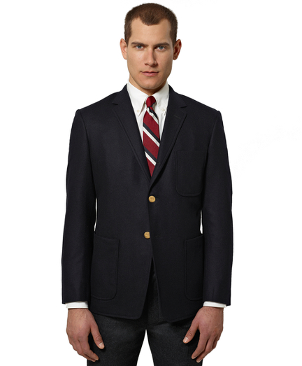 Pure wool. 3-button, center vent with three patch pockets. Gold Black Fleece logo buttons. Jacket sleeves are unfinished. Signature cuff is 2-butto n holes. Full canvas construction. Locker loop at back neck. Jacket is lined in signature stripe lining of cotton and modal blend. Dry clean. Made in the USA.