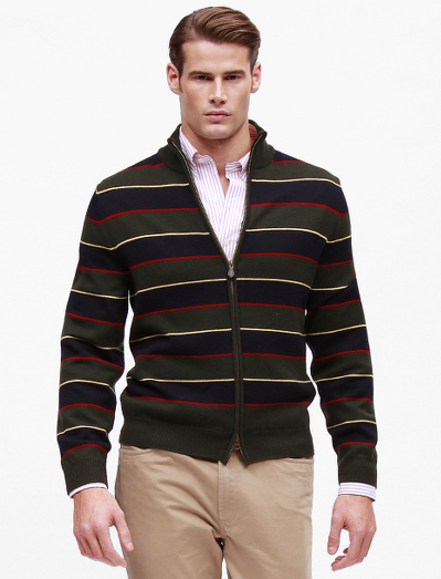 Extrafine Italian merino.  Updated cardigan zip-front body. Variation of the classic argyle and Sutherland tie stripe. Fully fashioned. Dry clean. Imported.