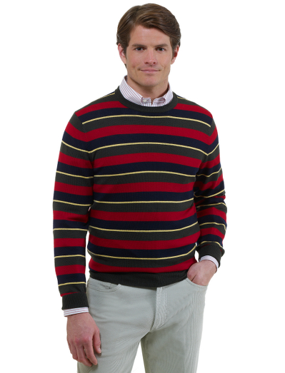 Extrafine Italian merino.  Classic crewneck body with a variation of the classic tie stripe. Fully fashioned. Dry clean. Imported.