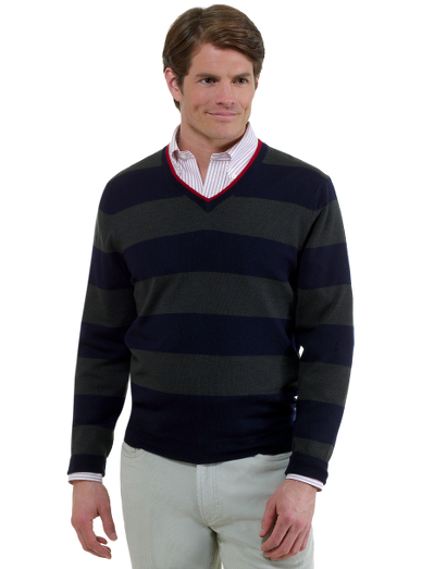 Extrafine Italian merino.  Classic v-neck body with an updated rugby stripe. Contrast tipping for added detail. Fully fashioned. Dry clean. Imported.