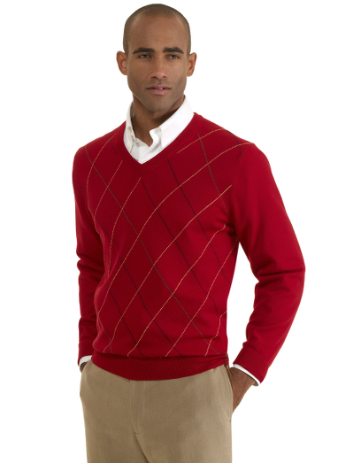 The perfect holiday sweater in extrafine Italian wool. Classic v-neck body with an update raker pattern. Fully fashioned. Dry clean. Imported.