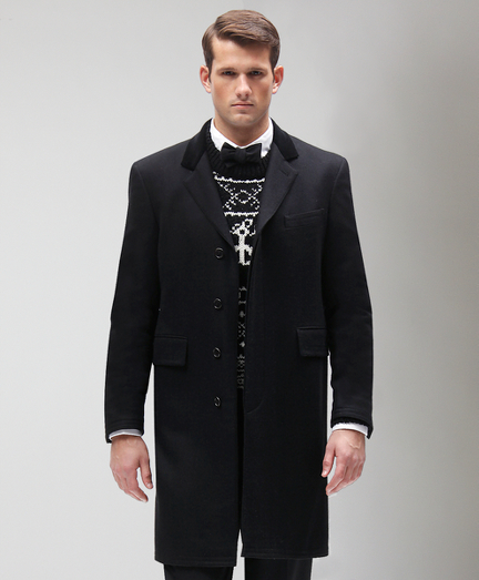 Pure cashmere twill. Full canvas construction. Genuine horn buttons. Cotton velvet top collar. Locker loop at back neck. Signature stripe Bemberg lining. Coat is shipping ready to be altered with cut button holes. Dry clean. Made in Italy.