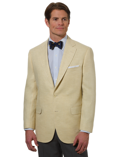 Pure Irish linen. Two-button, center vent. Topstitch. Three-eighths lined. Madison fit which is favored for its relaxed fit and natural shoulders. Half-canvas construction with non-functional sleeve buttons. Dry clean. Imported.