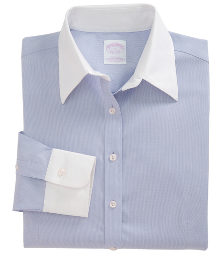 Tailored fit, our slimmest silhouette, woven in cotton, specially treated to remain virtually wrinkle-free, with a touch of  DOW XLA for stretch. Forward point collar and shirred single button barrel cuffs. Traditional placket, slightly longer shirttail and pucker-free seams. Front and back darts.  White collar and white cuffs. Machine wash. Imported. Also available in Misses.