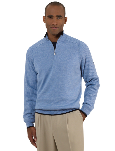 Wool blend lined with a breathable fabric that helps to resist against wind and rain. Fabric also has stretch for extra comfort. Rib stitching helps to increase range of motion. Country Club logo zipper pull and subtle branding embroidery. Contrast tipping details for added style. Dry clean. Imported.