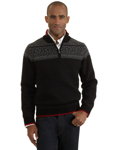 A blend of wool and cashmere makes this the perfect sweater for winter activities. Classic 1/2 zip body. Updated Fair Isle pattern with contrast tipping at neck, cuff and sweep. Fully fashioned. Dry clean. Imported.