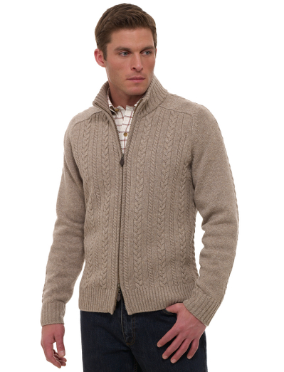 Knitted from pure Saxxon wool which is renowned for its unsurpassed softness, natural stretch. It is extremely lightweight with a cashmere touch. Full-zip cardigan with 2-way zipper. Updated cable layout. Saddle shoulder sleeves. Fully fashioned. Dry clean. Imported.