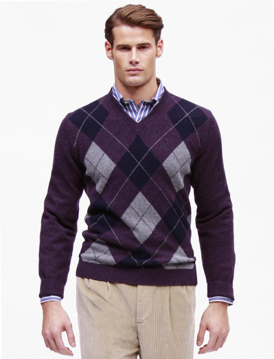 Pure Scottish lambswool. V-neck body with a classic argyle pattern. Fully fashioned. Dry clean. Imported.