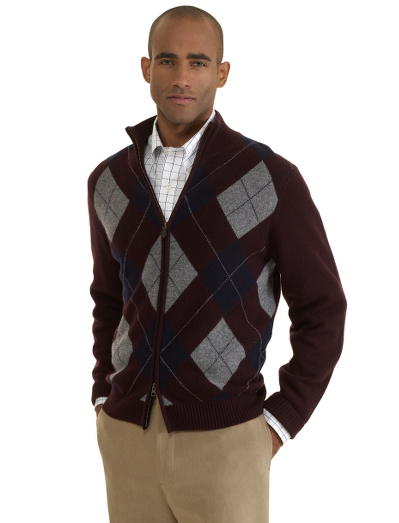Pure Scottish lambswool. Full zip cardigan with 2-way zipper. Updated argyle pattern. Fully fashioned. Dry clean. Imported.