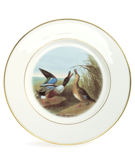Limited edition European dessert platter with J.J. Audubon bird motif. Each is numbered and identifies the featured bird species (two Northern Shovelers). 12" diameter. Made in Italy. Hand wash only.