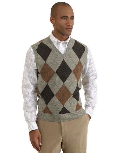 Pure Scottish lambswool. Classic argyle pattern in a vest body. Fully fashioned. Dry clean. Imported.