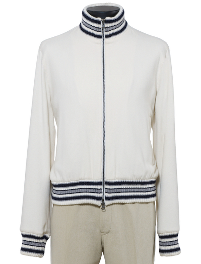 Pure cashmere. Lined in cupro, cotton and polyester blend stripe lining. Zip closure. Dry clean. Made in Italy.