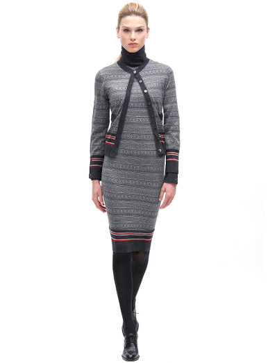Pure menino wool. Button cuff with grosgrain trim on sleeve. Mother-of-pearl buttons. Locker loop at back neck. Falls below the knee. Dry clean. Imported.