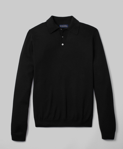 Classic, basic and versatile polo made of pure extrafine Italian merino. Ribbed neck, cuff and hem. Brooks Brothers logo buttons. Fully fashioned. Dry clean. Imported.