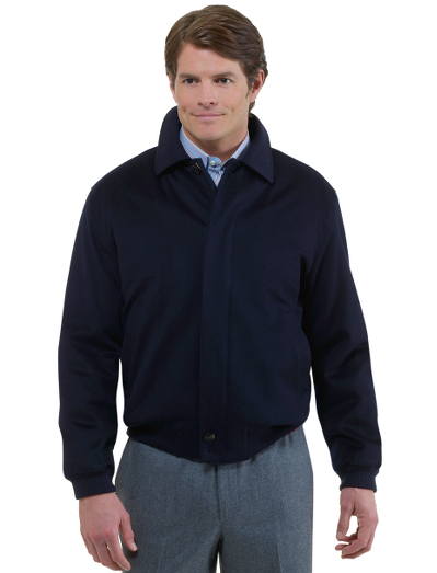 Pure wool. Loro Piana Storm System fabric. Full zip front. Short waisted style. Slash pockets. Buttoned cuffs. Elastic insets on waistband. Treated to be wind and water resistant. Covered placket for a dressier feel. Cord management system for a cell phone or MP3 player. Special care instructions listed on garment. Fabric woven in Italy.