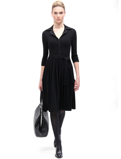 Pure merino wool. Falls below the knee. Dry clean. Imported. Black has black grosgrain trim and covered buttons. Grey has white grosgrain trim and silver buttons.