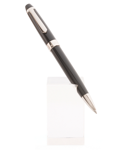 Charcoal pinstripe resin turned barrel with sterling silver spring load clip.  Roller ball with finepoint.  Black ink.  Gift boxed.
