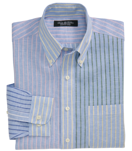 Pure linen.  Gusseted side seams.  The original Polo� button-down collar. Left chest pocket.  Mother-of pearl buttons.  Center back pleat.  Signature shirring at barrel cuffs.  Machine wash.  Imported.  Available in two lengths:  regular and long.