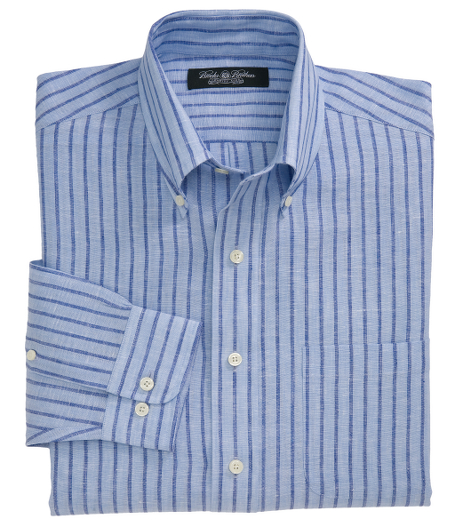 Pure linen.  Gusseted side seams.  The original Polo� button-down collar. Left chest pocket.  Mother-of pearl buttons.  Center back pleat.  Signature shirring at barrel cuffs.  Machine wash.  Imported.  Available in two lengths:  regular and long.