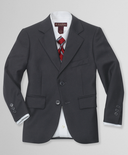 Wool. Two-button center vent jacket. Plain front trouser with unfinished hem. Dry clean. Imported.