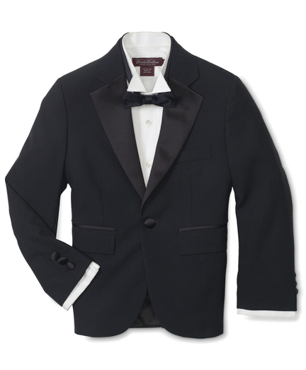 Pure wool super 120s. 1-button center vent. Satin lapel and button. Double besom and patch pockets. Fully lined. Dry clean. Imported.