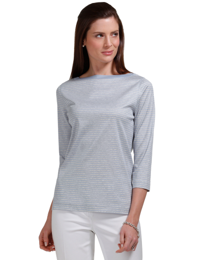 Three-Quarter Sleeve Striped Boatneck Knit