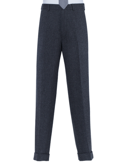 Pure wool. 100% Bemberg signature stripe lining. Button fly. Genuine horn buttons. Belt loops. Black grosgrain down side seam. Unfinished hem. Can be finished as seen or with a cuff and no break.  Dry clean only. Made in the USA.