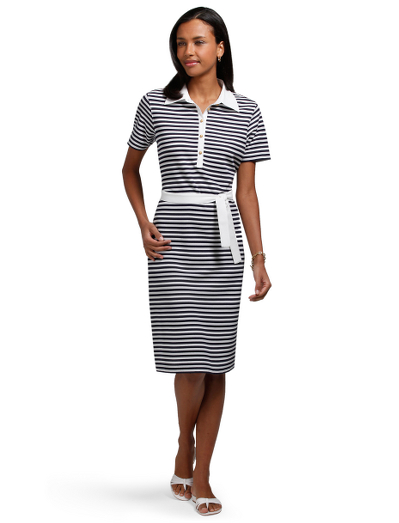 Body: cotton/polyester; trim: cotton pinpoint. Solid woven collar and placket. Solid white pique belt. Matte nickel buttons on placket. Machine wash. Imported.