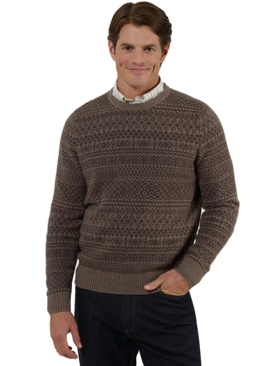 Pure lambswool. Classic crewneck body in a subtle fair isle pattern. Fully fashioned. Dry clean. Imported.
