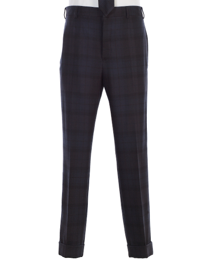 Pure wool. 100% Bemberg signature stripe lining. Button fly. Genuine horn buttons. Belt loops. Black grosgrain down side seam. Unfinished hem. Can be finished as seen or with a cuff and no break.  Dry clean only. Made in Italy.