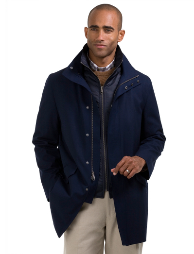The perfect coat for commuters.  Made of Loro Piana� wool from Italy.  2-in-1 jacket with zip-out vest.  Regent slim fit, back vent for easy movement.  2-way center front zipper.  Interior transparent pocket for easy access to cell phone/PDA.  Refined, cosmopolitan yet sporty jacket for everyday.  Fits comfortably over a suit.  Dry clean. Imported.