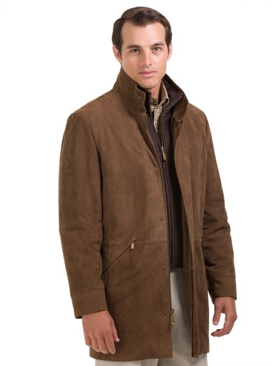 Made of superior quality silky goat suede.  Regent fit, back vent and 2-way center front zipper.2-in-1 jacket with zip-out interior.  Real corozo buttons.  Interior transparent pockets.  Professional leather clean only. Imported.