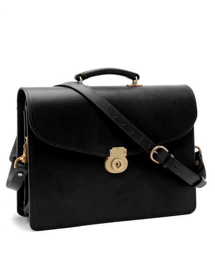 Genuine leather. Brass hardware. Green leather lining. Tone-on-tone stitching. 16" x 7" x 12". Imported.