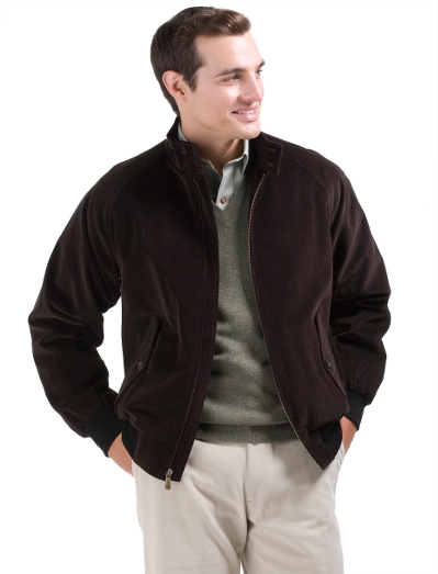 Pure cotton 16-wale corduroy shell and plaid lining.  100% Bemberg sleeve lining. Genuine horn buttons. Short bomber style with ribbed bottom and zip-front closure. Water resistant. Dry clean. Imported.
