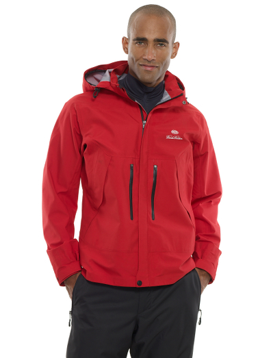 Three-layer polyester that wicks moisture away from body while being waterproof. Fabric has mechanical stretch and ergonometric seaming for added movement. Taped seams and waterproof zippers. Storm cuffs and removable hood. Machine wash. Imported.
