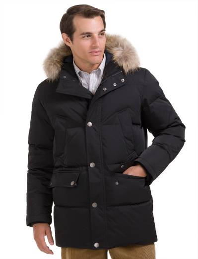 Polyester with 100% goose down. Storm cuffs and powder skirt. 2-way zipper. Removable hood with genuine coyote fur. Machine wash with hood removed. Imported.