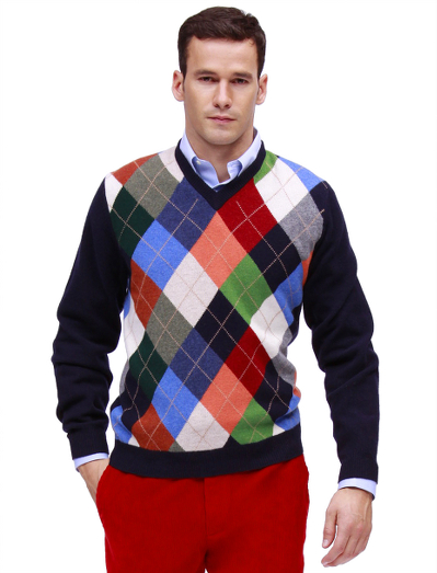Pure Scottish lambswool. Classic v-neck body with all-over multi colored argyle pattern. Fully fashioned. Dry clean. Imported.
