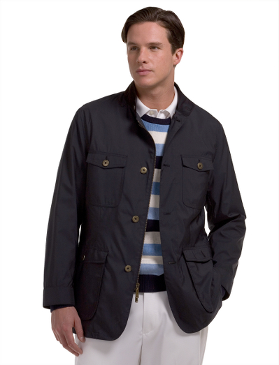 Perfect jacket for early spring golf. Breathable polyester nylon blend shell that is water resistant. Pure blue cotton oxford shirting lining. 100% Bemberg sleeve lining. Brooks Brothers signature sport coat buttons. Amaretta undercollar. Dry clean. Imported.
