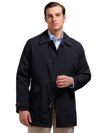 Sleek, lightweight three-quarter length coat for rainy Spring days. Water resistant nylon shell. Zip-front with button-up covered center placket. Multiple interior pockets. Dry clean. Imported.