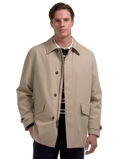 Lightweight three-quarter length coat made from cotton woven in Germany. Irish linen herringbone lining. Water-resistant nylon shell. Zip-front with button-up covered front placket. Multiple interior pockets. Dry clean. Imported.