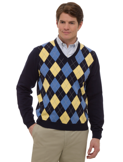 Extra-soft blend of silk and cashmere. Classic v-neck body with a traditional argyle pattern. Fully fashioned. Dry clean. Imported.