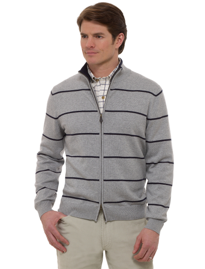 Extra-soft blend of silk and cashmere. Classic spaced stripe layout. Full 2-way zipper cardigan body. Leather zipper pull. Fully fashioned. Dry clean. Imported.