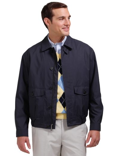 The perfect jacket for mild summer nights. Extremely light-weight shell fabric. Lined in blue cotton oxford. Sleeves lined in 100% Bemberg. Zip and button-front covered center placket. Water repellent. Dry clean. Imported.